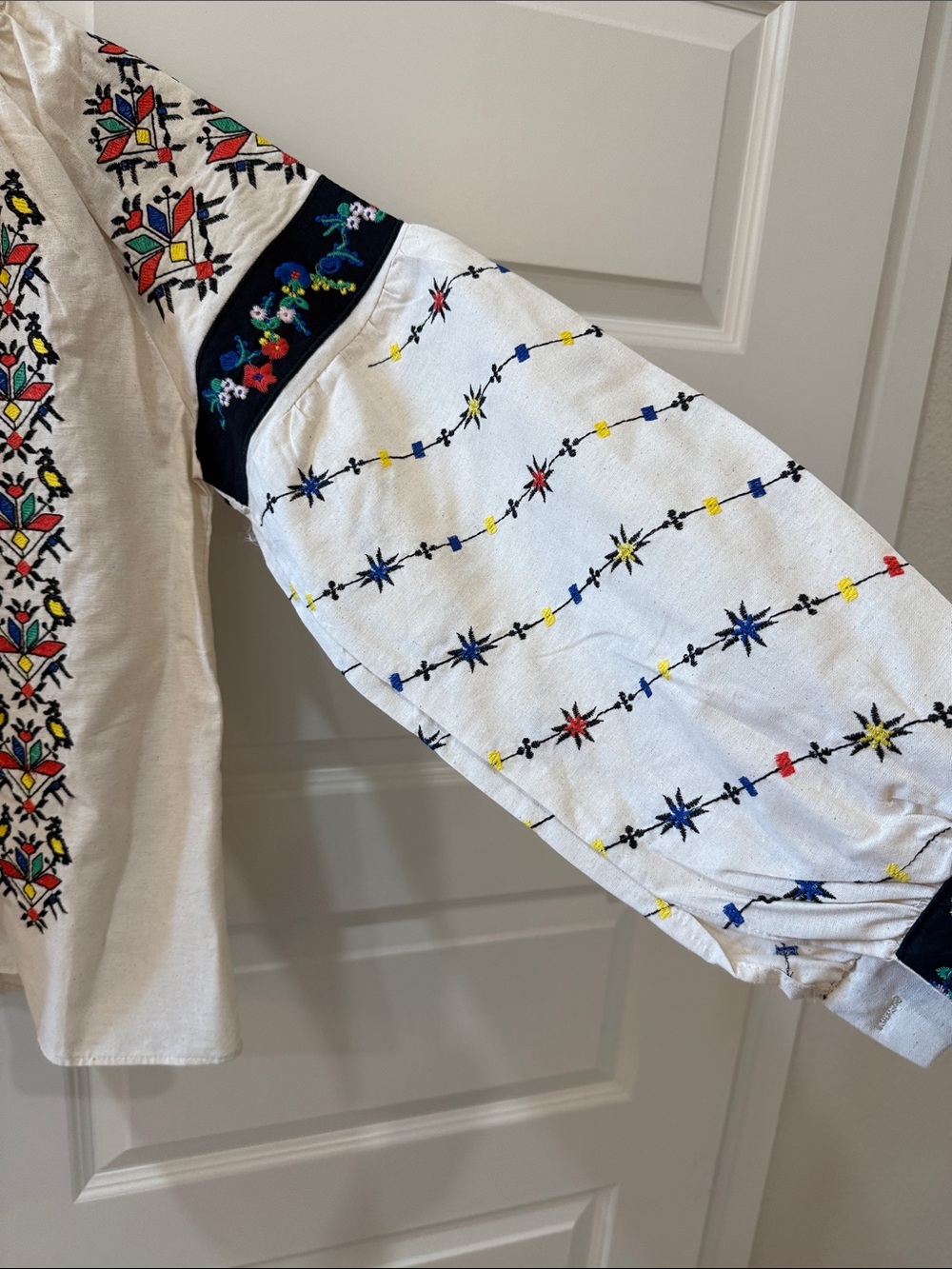 Embroidered Boho Peasant Blouse - Cream with Multicolor Accents - Picture 5 of 6